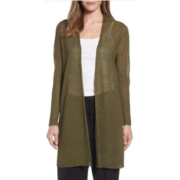Eileen Fisher Olive Green Linen Knit Cardigan - Picture 1 of 6